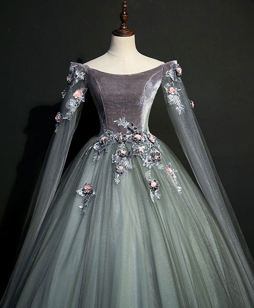 gray green dress Gray Green Tulle Lace Long Prom Dress Formal Evening Gown