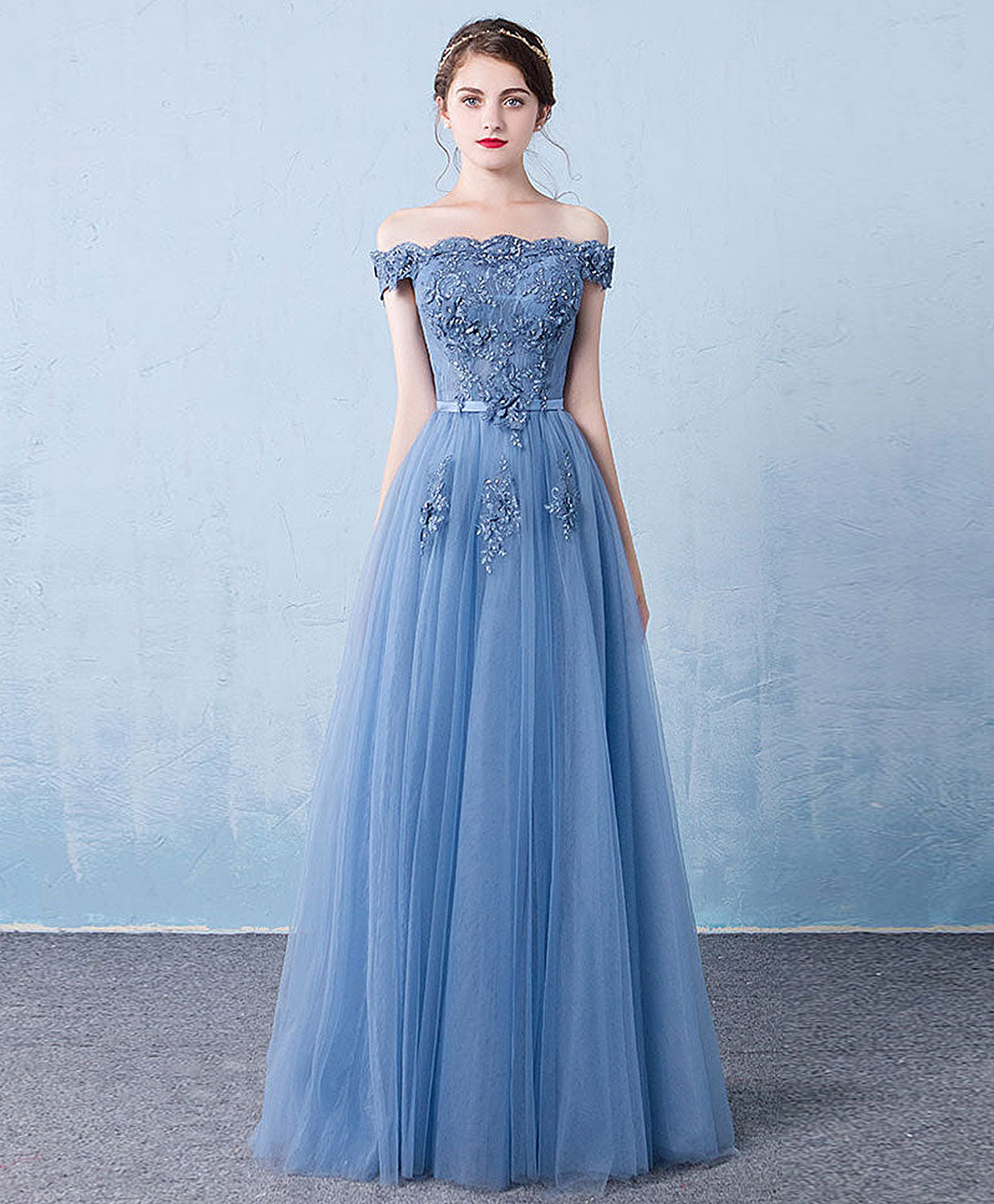 Blue Tulle Lace Off Shoulder Long Prom Bridesmaid Evening Dress