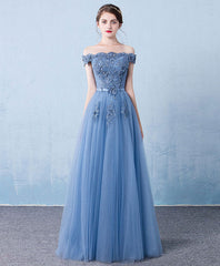 Blue Tulle Lace Off Shoulder Long Prom Bridesmaid Evening Dress