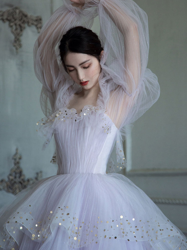 Light Purple Tulle Sequin Long Prom Dress Evening Gown For Women