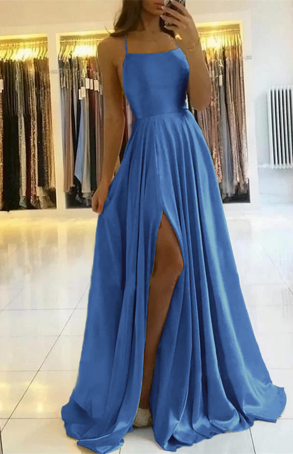 Elegant Spaghetti Straps Floor-Length Prom Dress with Side Slit for Women