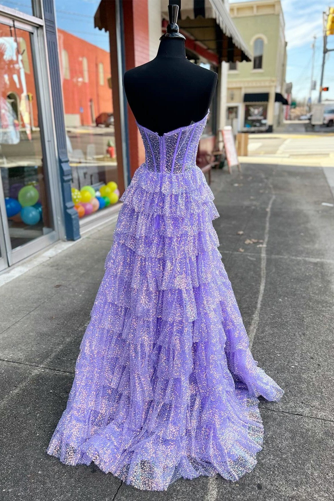 Glitter Sequins Corset See Through Ruffle Tiered Long Prom Dress with Slit Glitter Sequins Corset See Through Ruffle Tiered Long Prom Dress with Slit