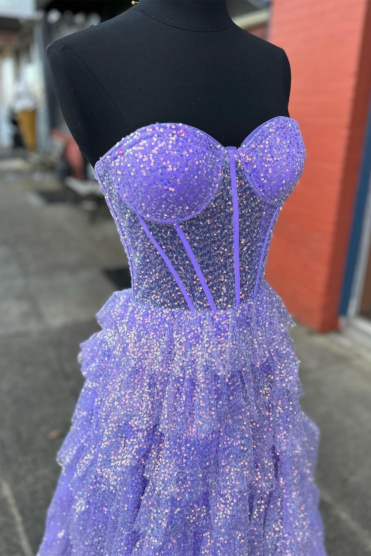 Glitter Sequins Corset See Through Ruffle Tiered Long Prom Dress with Slit Glitter Sequins Corset See Through Ruffle Tiered Long Prom Dress with Slit