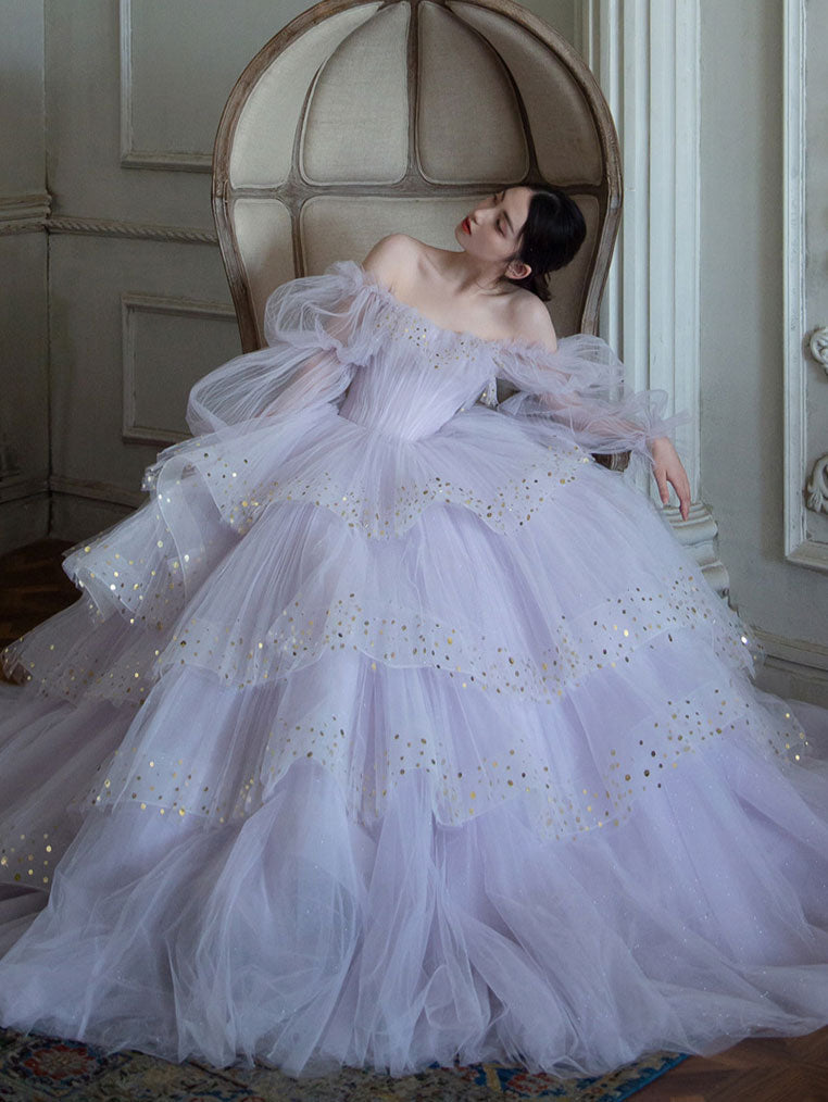Light Purple Tulle Sequin Long Prom Dress Evening Gown For Women