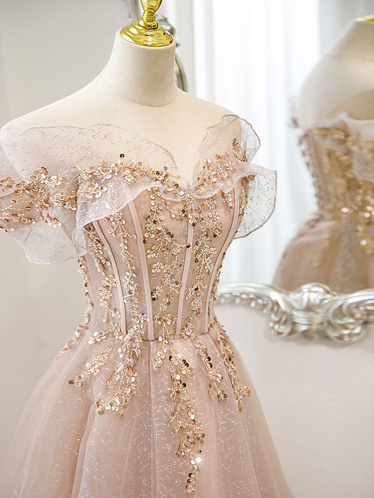 Champagne Tulle Lace A Line Long Prom Evening Dress