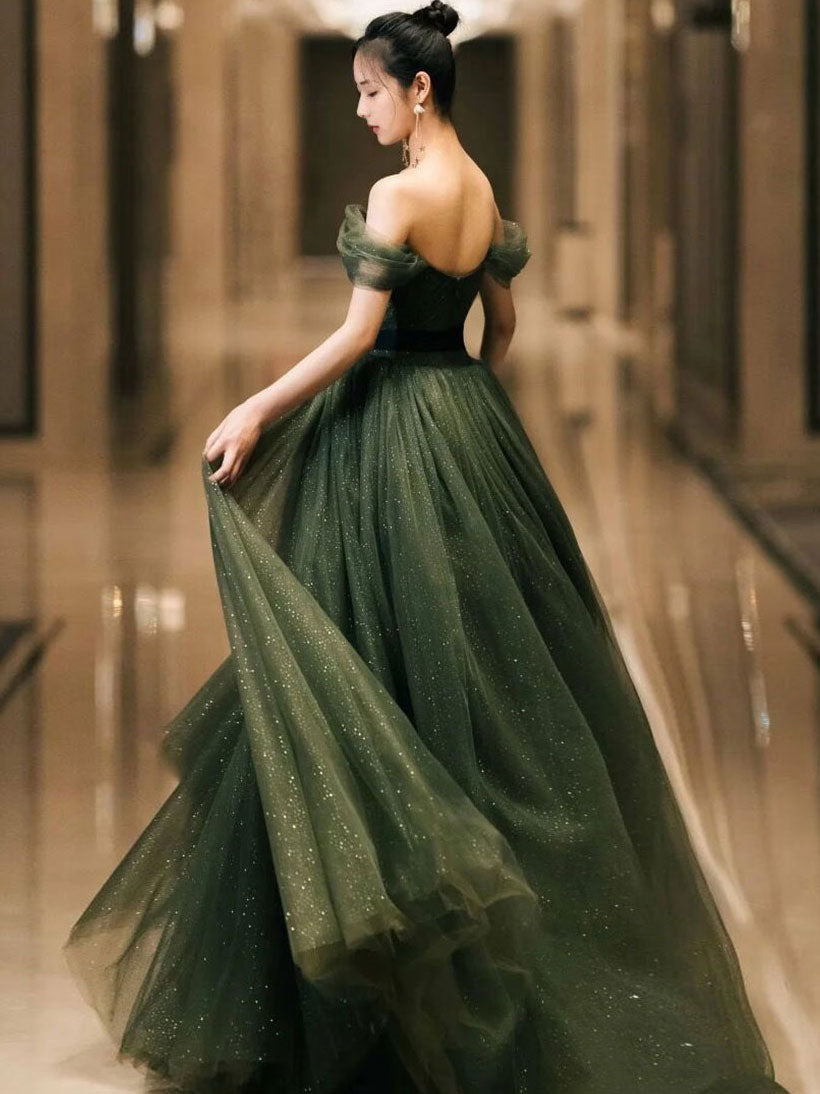 Stunning Green Tulle Long Formal Prom Evening Dress For Women