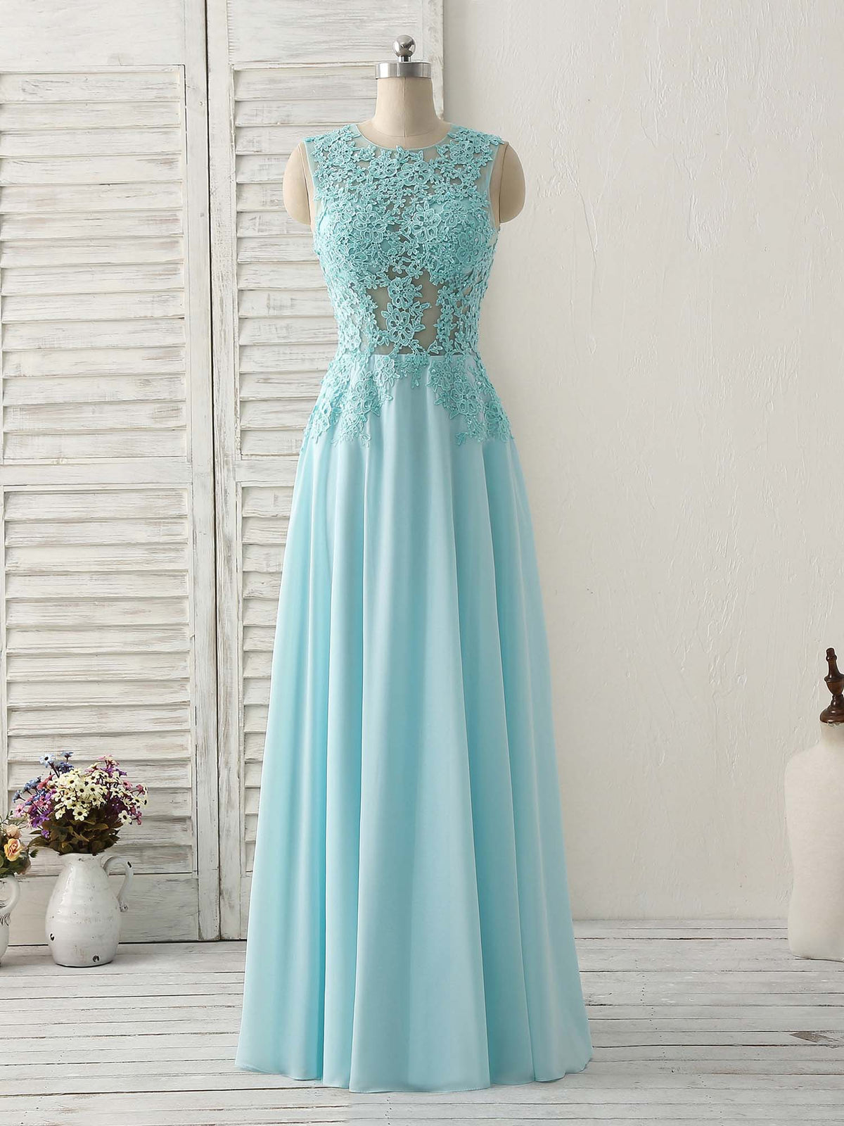 Elegant Blue Round Neck Lace Chiffon Long Prom Dress for Bridesmaids