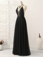 Elegant Black Tulle Backless Long Prom Dress for Women, Perfect Evening Gown