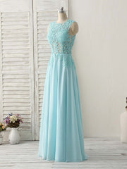 Elegant Blue Round Neck Lace Chiffon Long Prom Dress for Bridesmaids