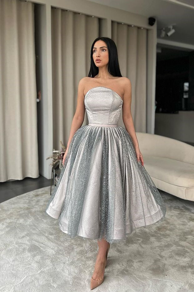Sparkling Silver Sequined Strapless A-Line Prom Dress: Elegant Short Party Gown
