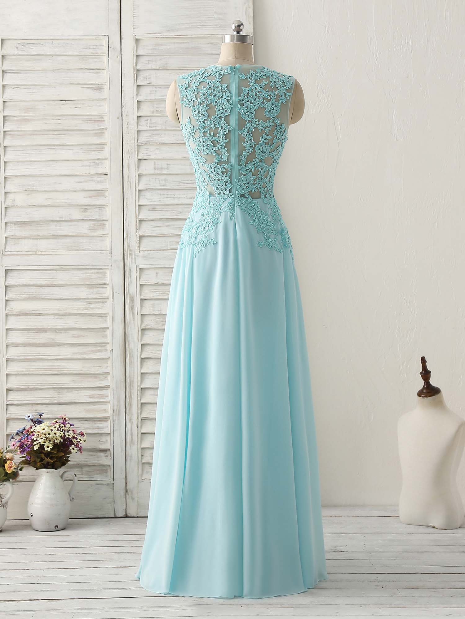 Elegant Blue Round Neck Lace Chiffon Long Prom Dress for Bridesmaids