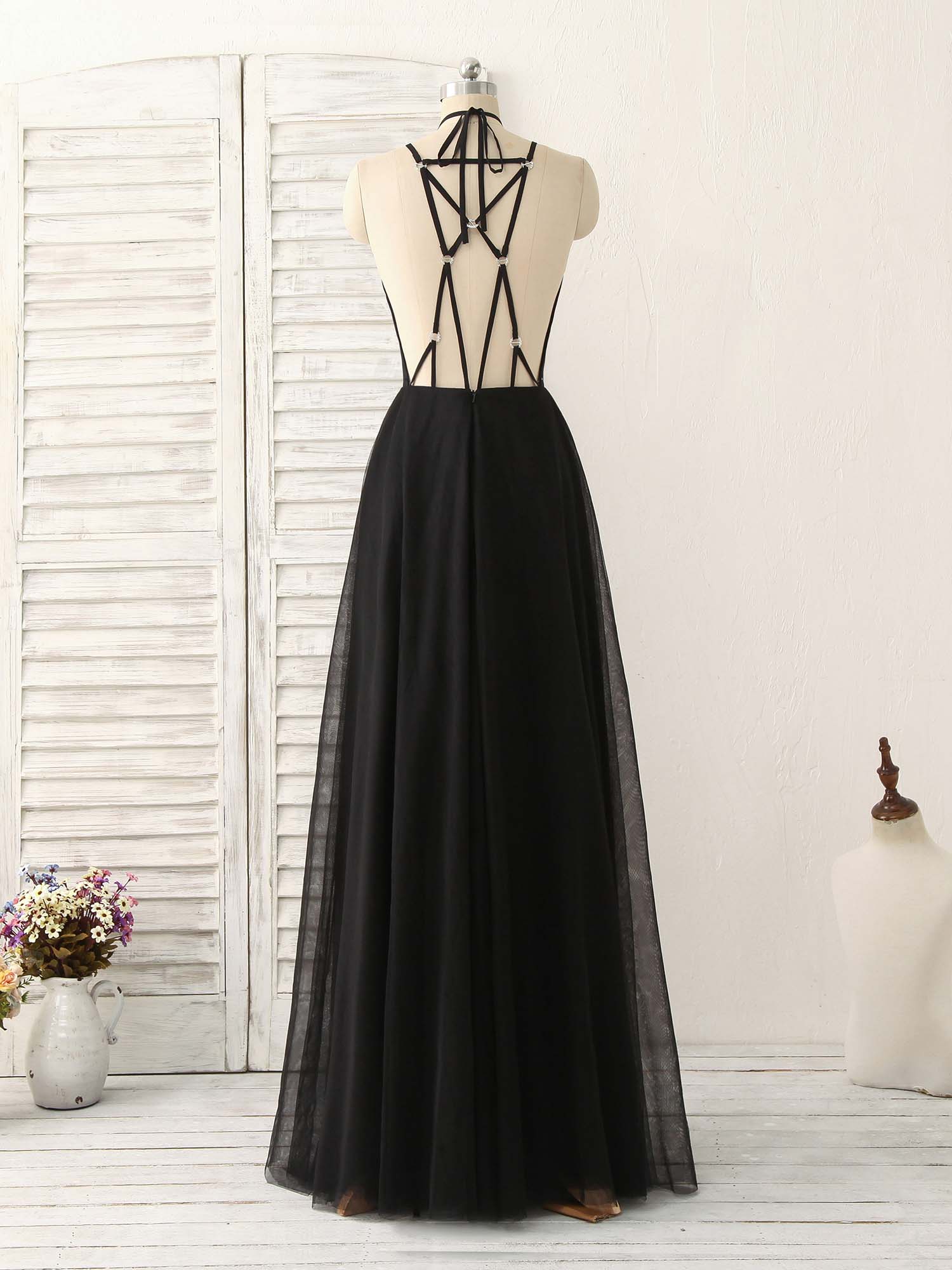 Elegant Black Tulle Backless Long Prom Dress for Women, Perfect Evening Gown Elegant Black Tulle Backless Long Prom Dress for Women, Perfect Evening Gown