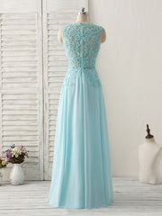 Elegant Blue Round Neck Lace Chiffon Long Prom Dress for Bridesmaids