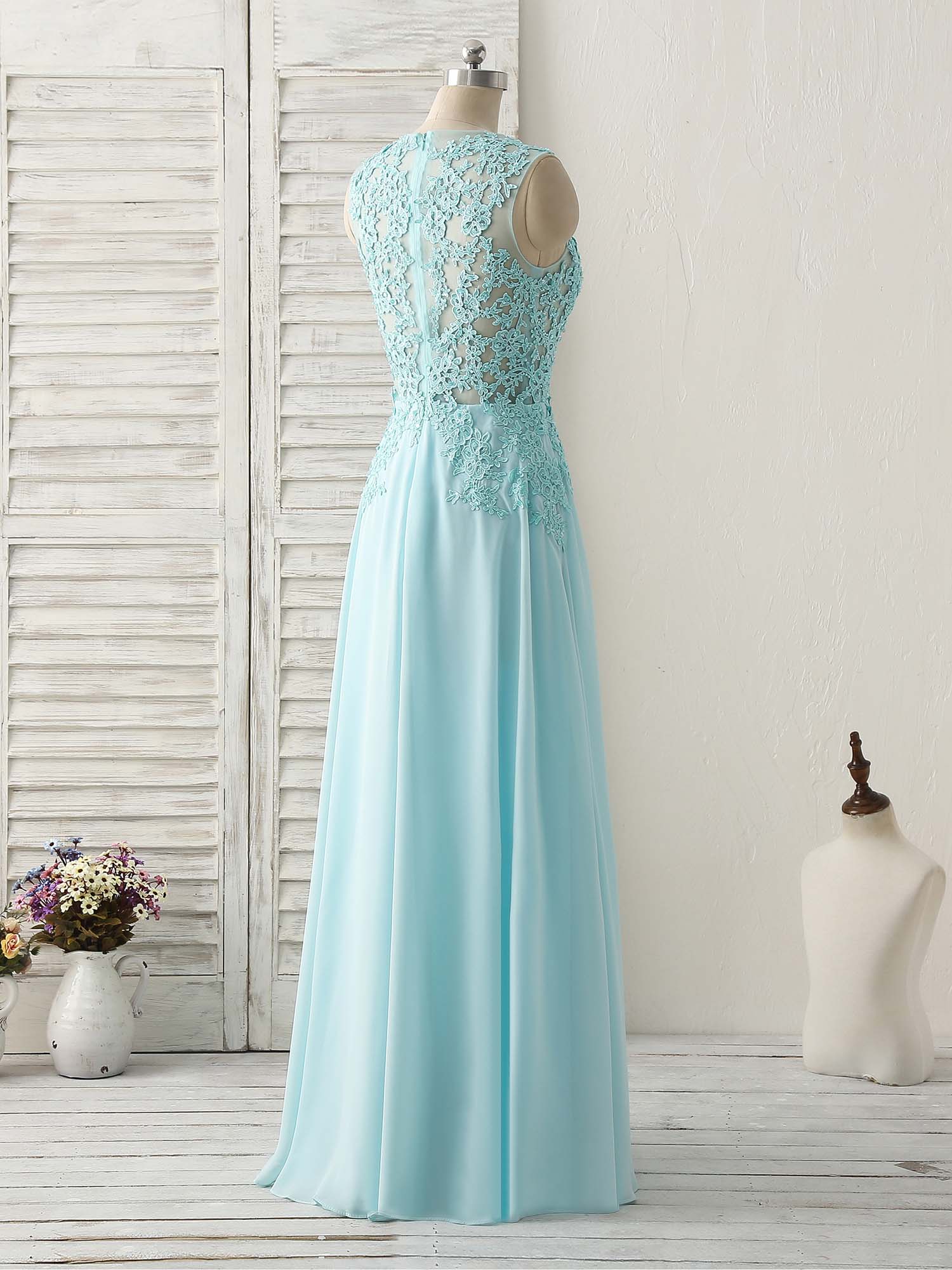 Elegant Blue Round Neck Lace Chiffon Long Prom Dress for Bridesmaids