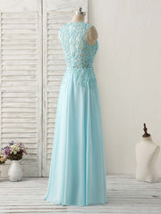 Elegant Blue Round Neck Lace Chiffon Long Prom Dress for Bridesmaids