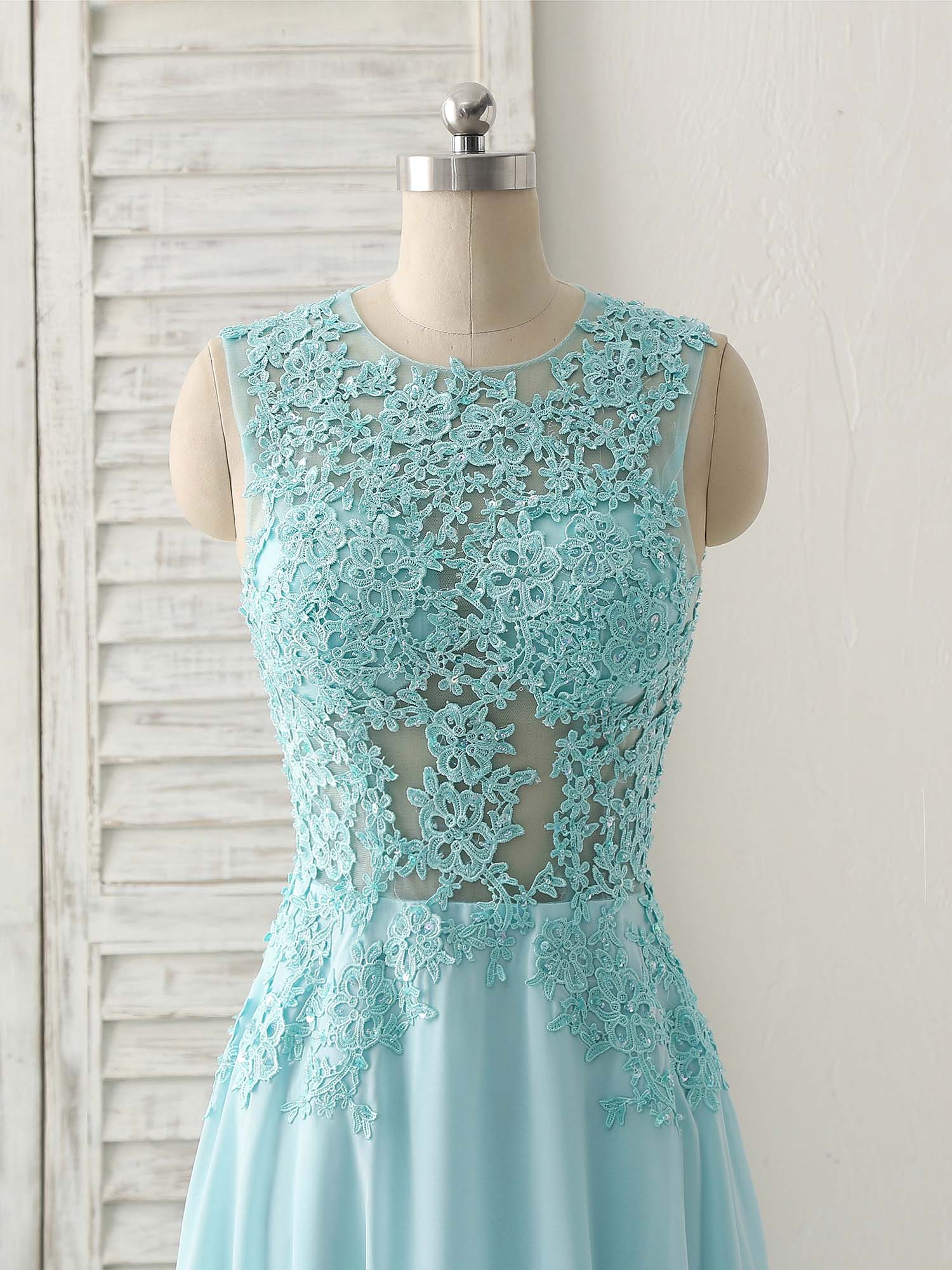 Elegant Blue Round Neck Lace Chiffon Long Prom Dress for Bridesmaids
