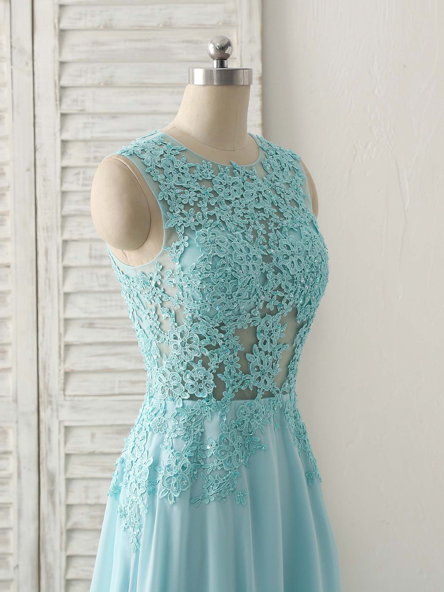 Elegant Blue Round Neck Lace Chiffon Long Prom Dress for Bridesmaids