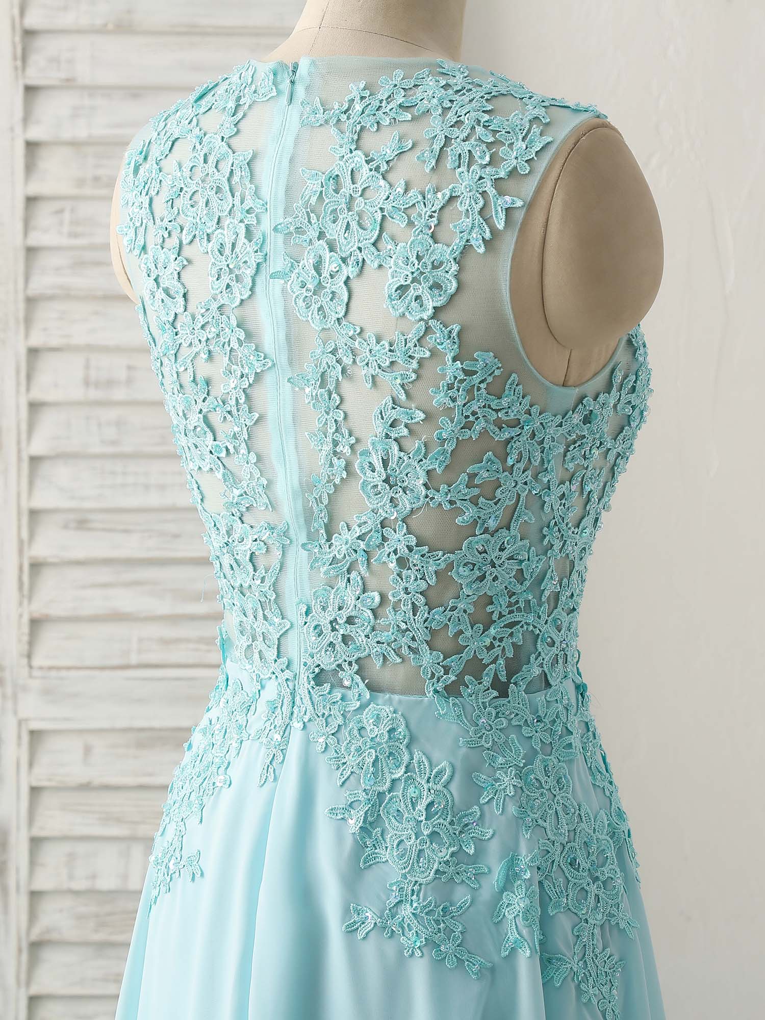 Elegant Blue Round Neck Lace Chiffon Long Prom Dress for Bridesmaids