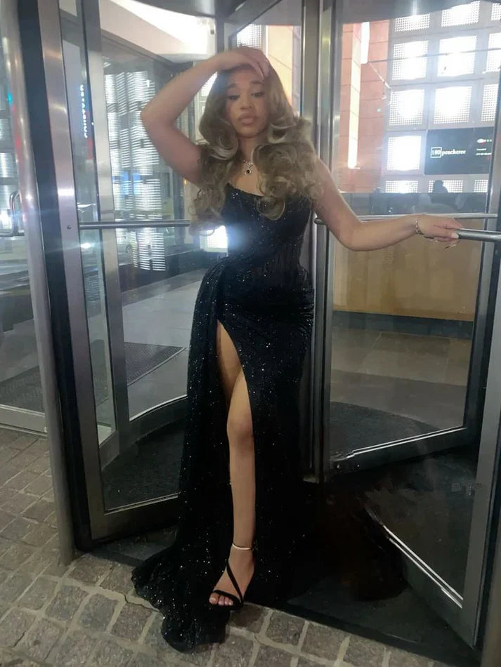 Black Long Prom Dress with Slit and Strapless Evening Gown