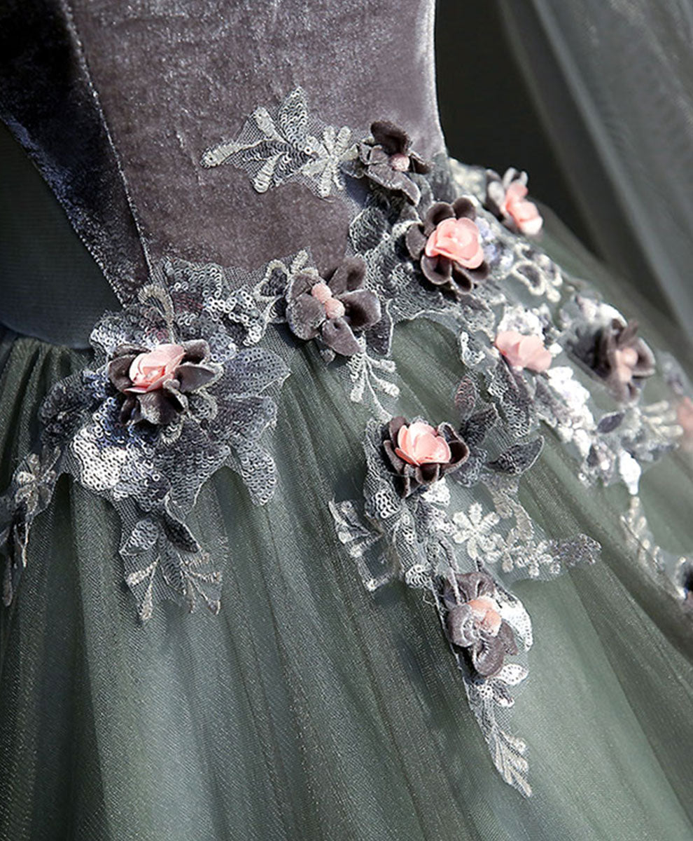 Gray Green Tulle Lace Long Prom Dress Formal Evening Gown Gray Green Tulle Lace Long Prom Dress Formal Evening Gown