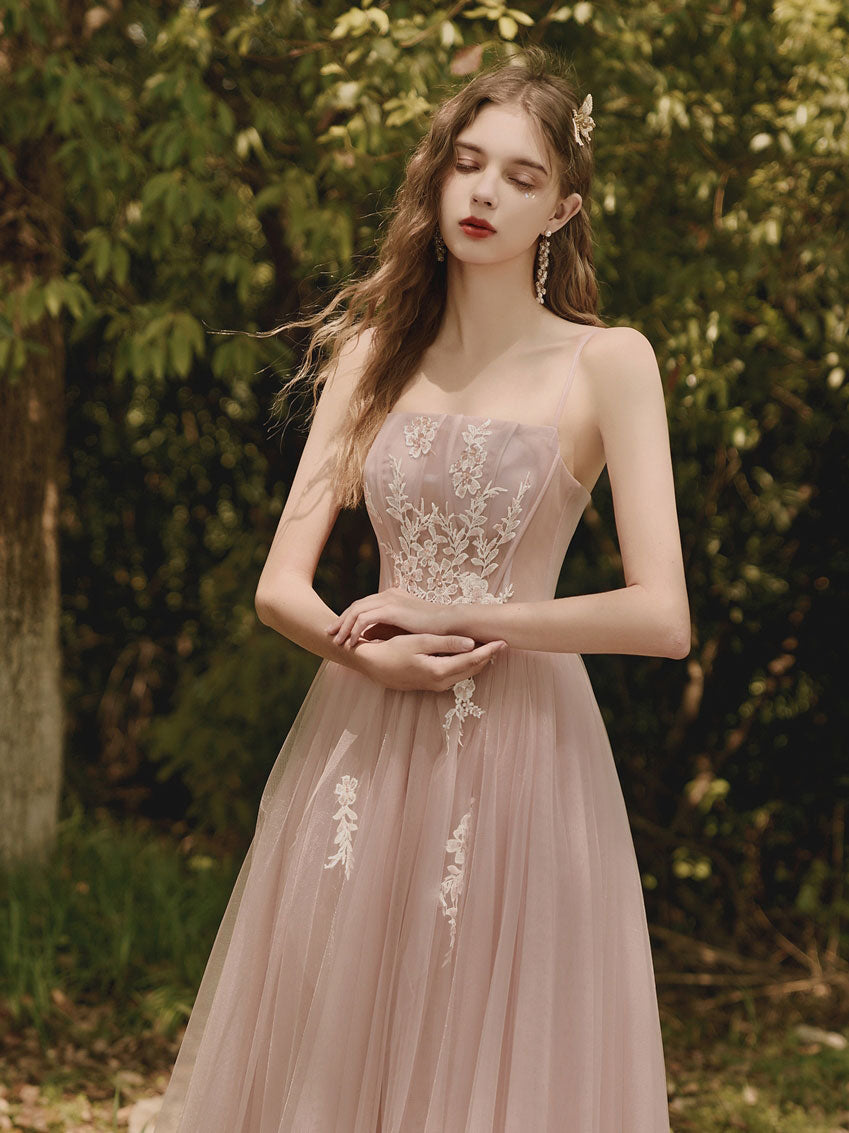 Elegant Pink Tulle Lace Tea‑Length Prom Dress with Delicate Sequin Details