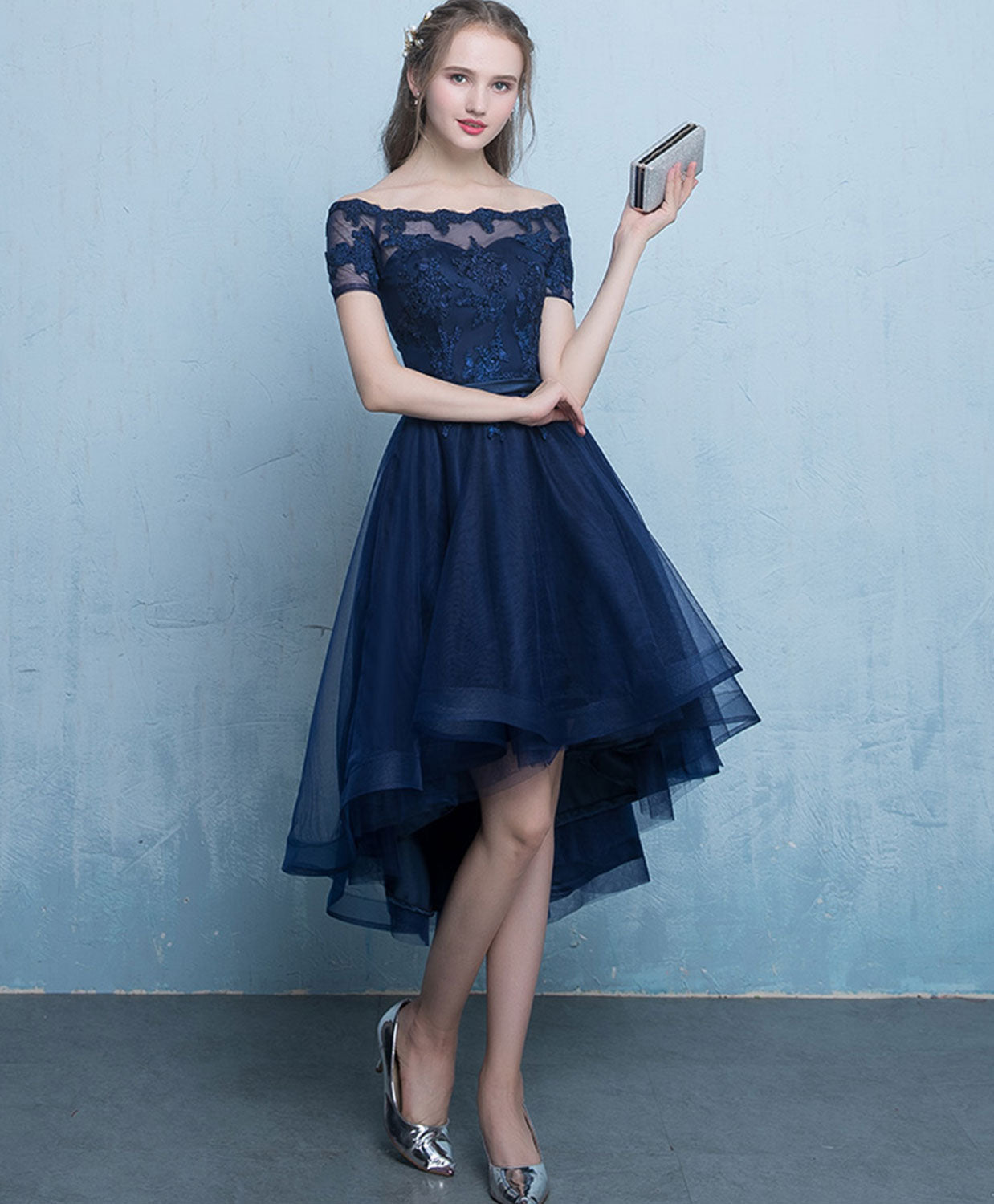 navy blue lace tea length dress Navy Blue Lace Floral Tulle Tea Length Wedding Party Dress, Blue Formal Dress