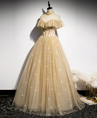 Champagne Long Prom Tulle Sequin Bridesmaid Evening Dress