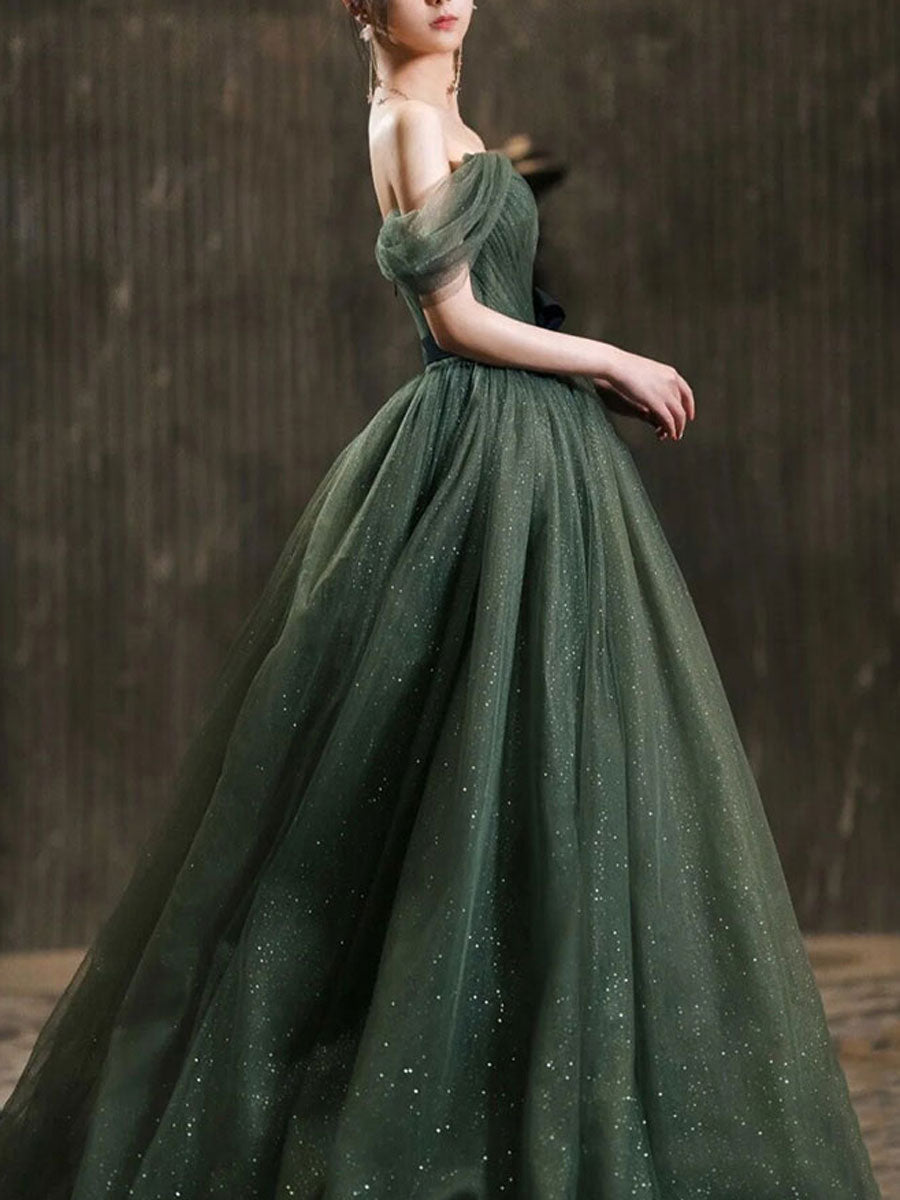 Stunning Green Tulle Long Formal Prom Evening Dress For Women