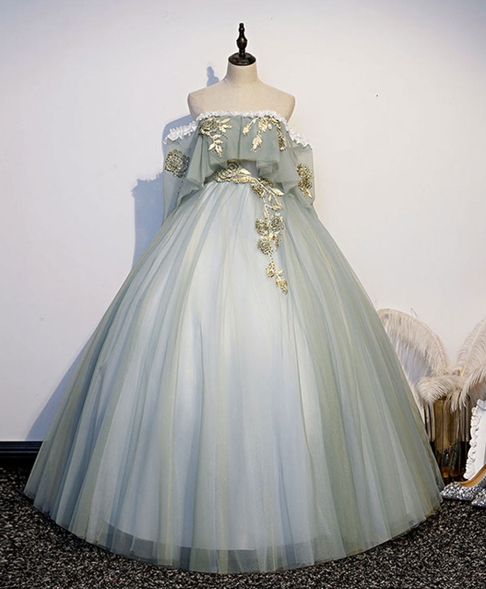 Green Tulle Lace Long Prom Dress Sweetheart Neckline Floor Length Gown