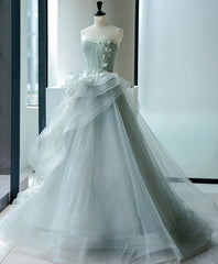 Stunning Gray Green Tulle Lace Long Prom Gown Evening Dress