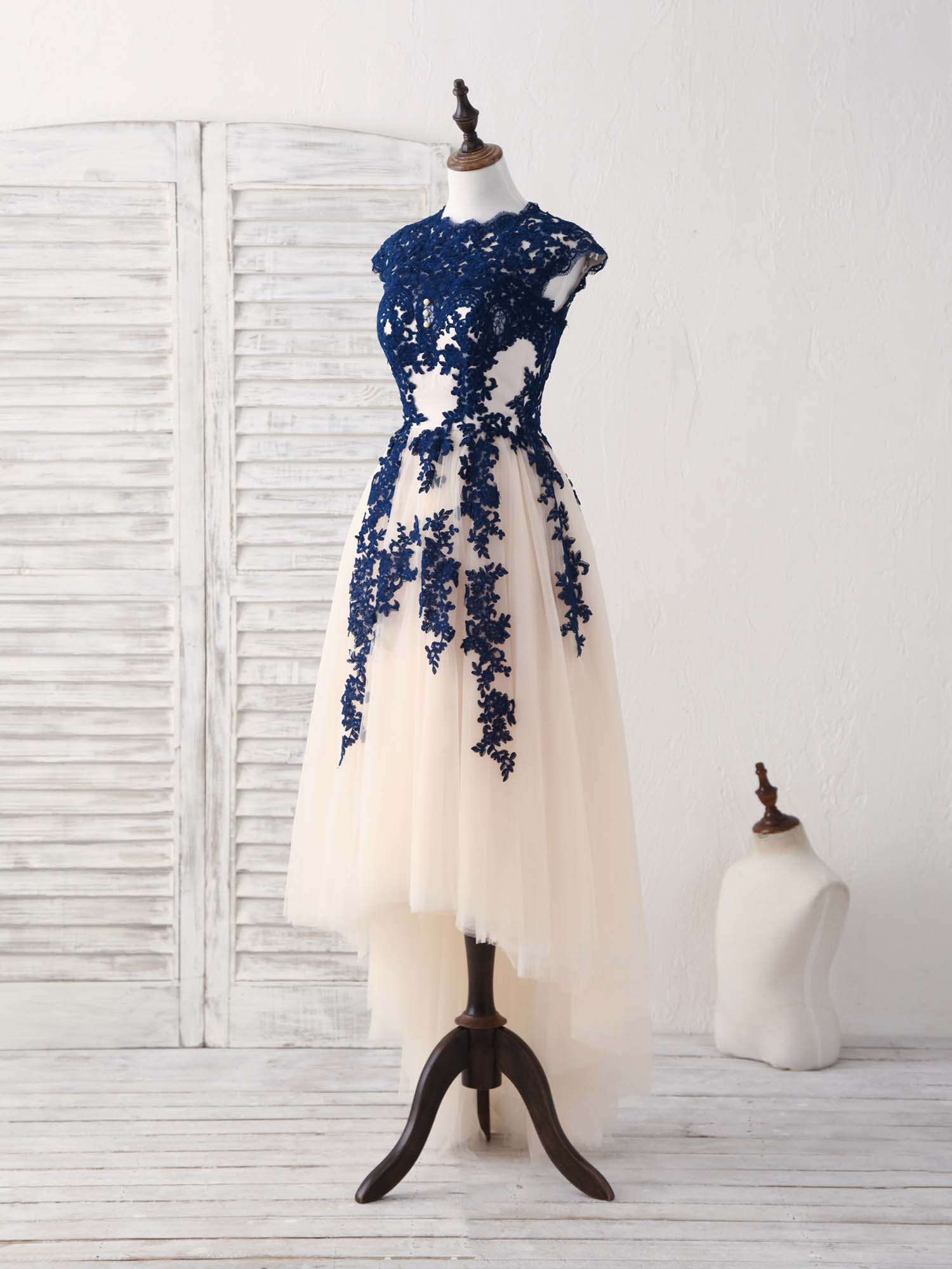 Elegant Dark Blue Lace Tulle High-Low Prom Bridesmaid Dress for Women Elegant Dark Blue Lace Tulle High-Low Prom Bridesmaid Dress for Women