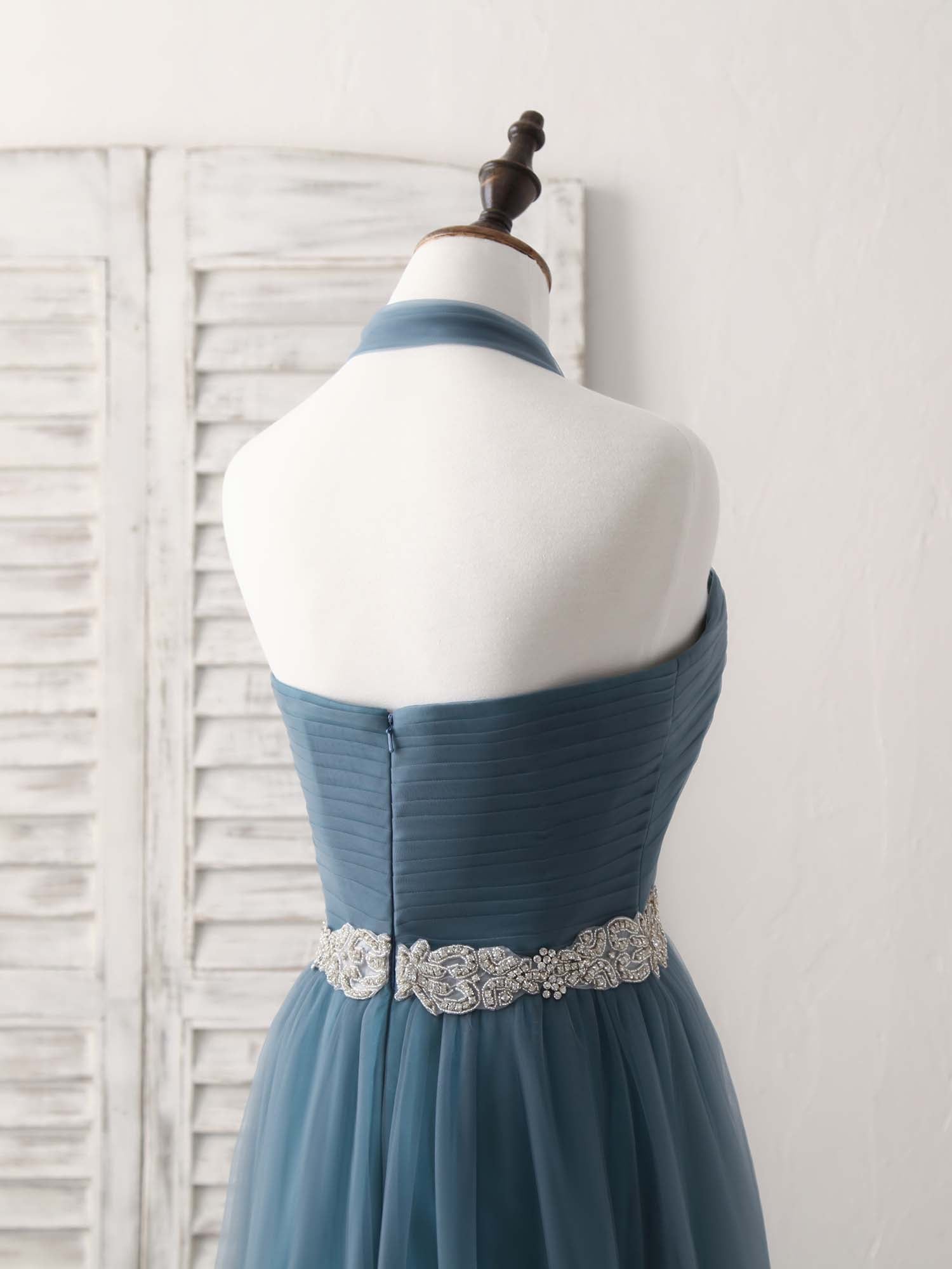 Elegant A-Line Gray-Blue Tulle Long Bridesmaid Dress for Weddings and Prom