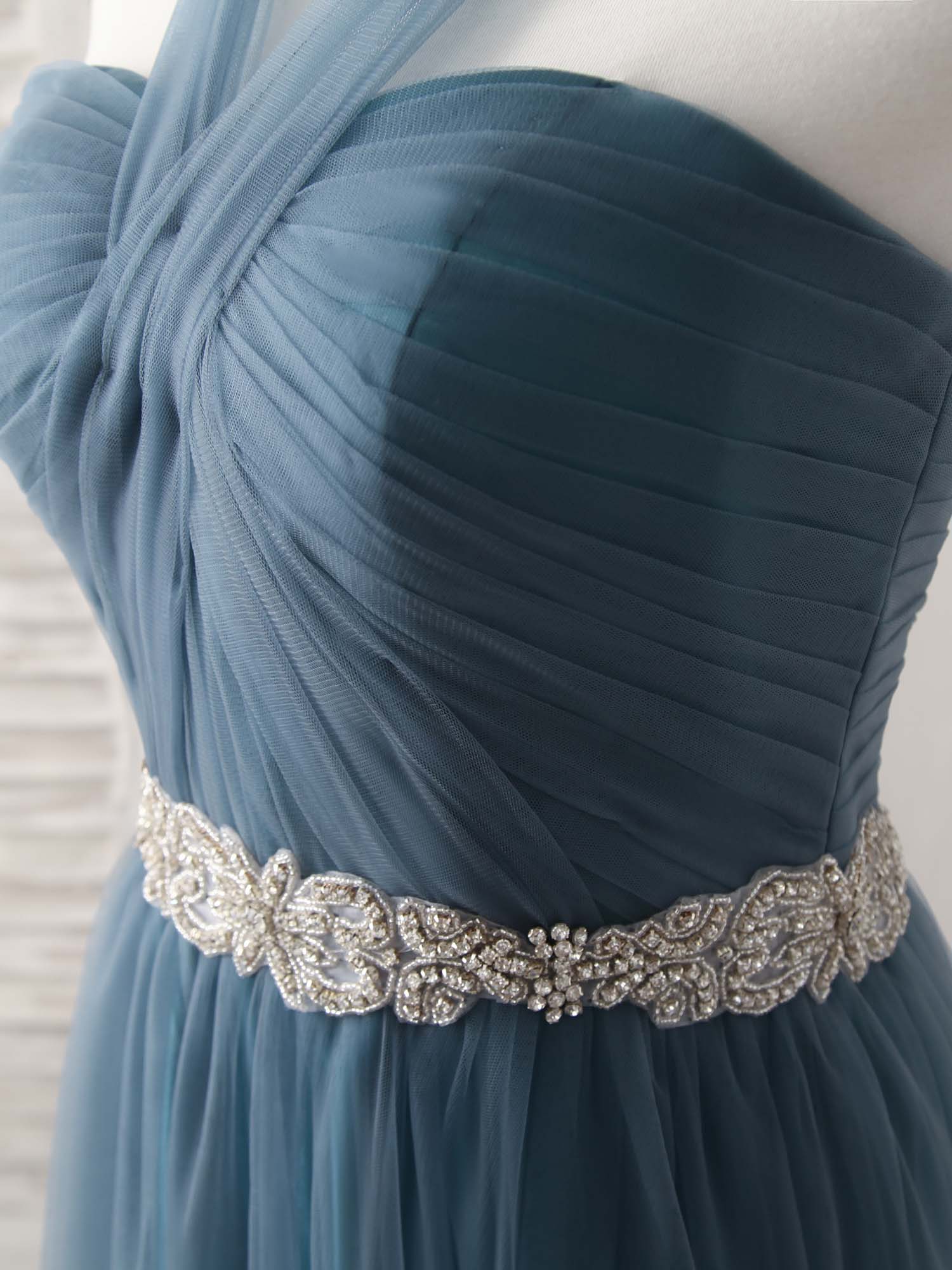 Elegant A-Line Gray-Blue Tulle Long Bridesmaid Dress for Weddings and Prom
