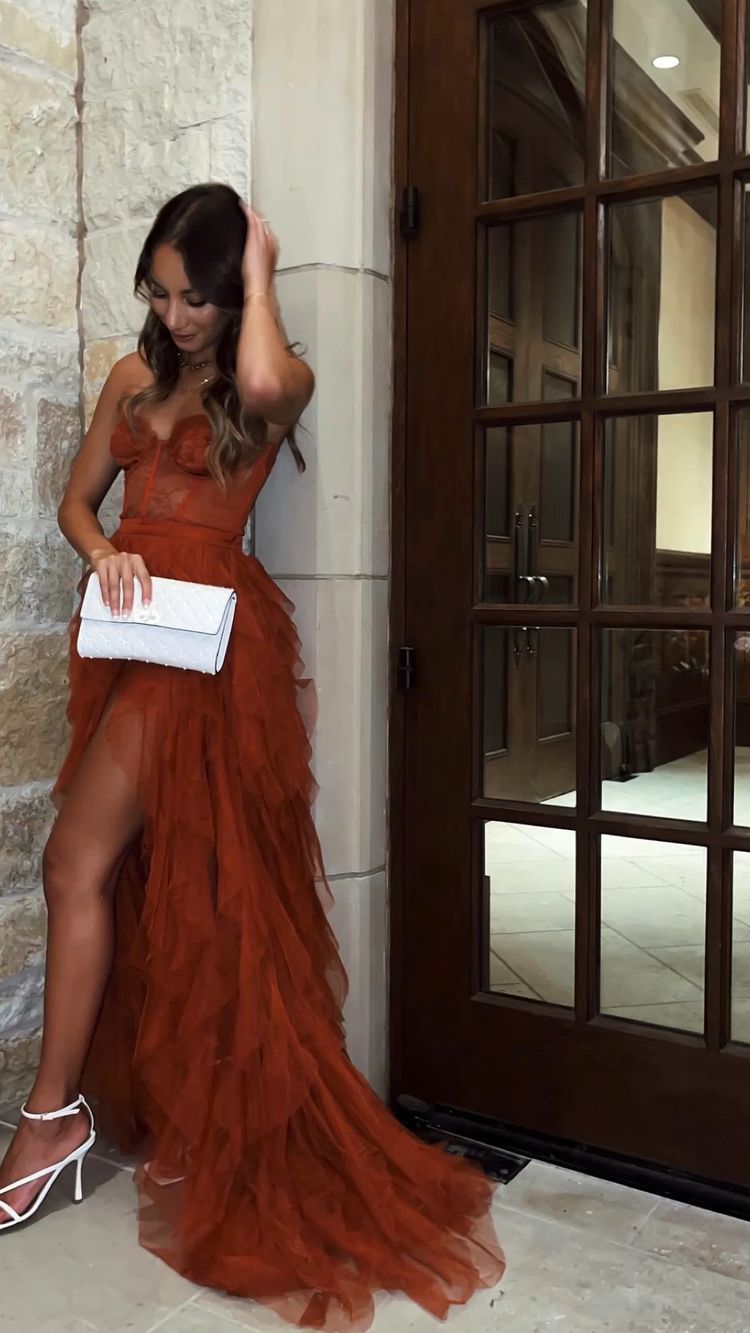 Rust Red Sweetheart High Low Tiered Formal Prom Evening Dress Rust Red Sweetheart High Low Tiered Formal Prom Evening Dress