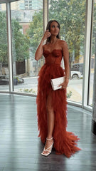 Rust Red Sweetheart High Low Tiered Formal Prom Evening Dress