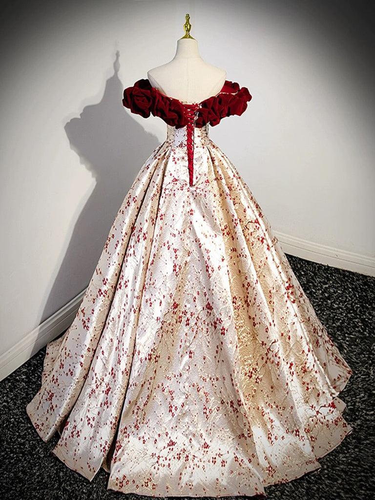 A-Line Off Shoulder Satin Velvet Long Prom Dress Champagne