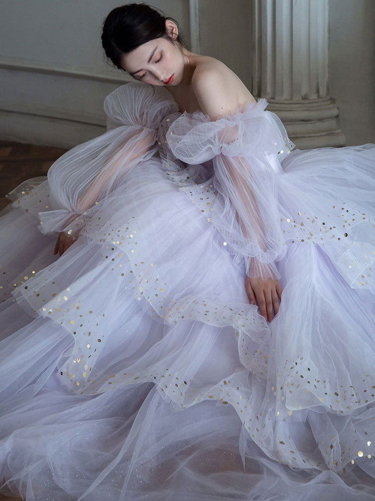 Light Purple Tulle Sequin Long Prom Dress Evening Gown For Women