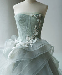 Stunning Gray Green Tulle Lace Long Prom Gown Evening Dress