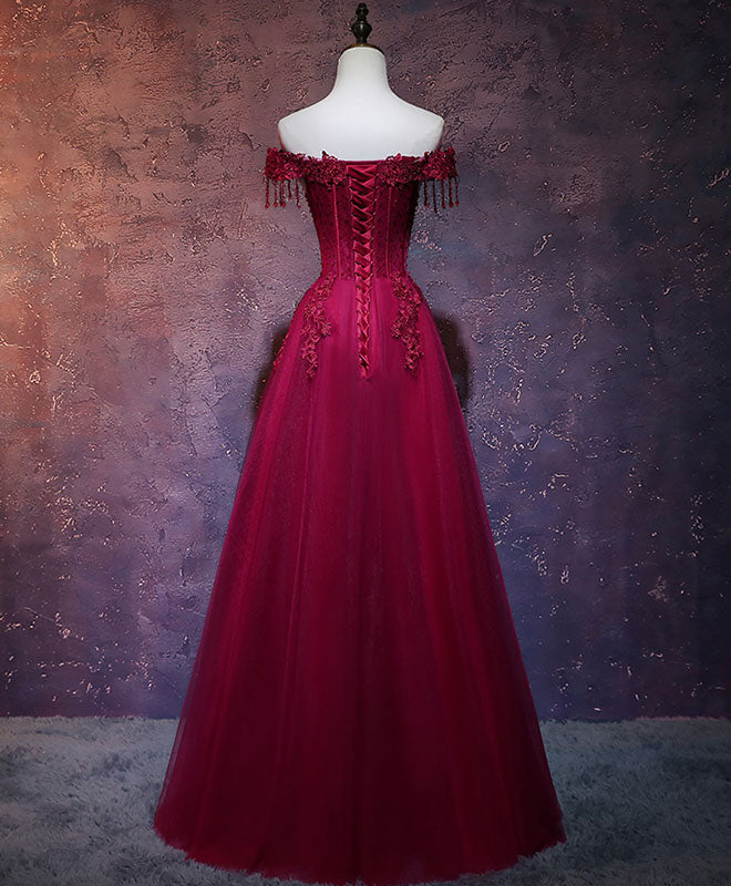 Burgundy Tulle Lace Off Shoulder Long Prom Dress Evening Gown