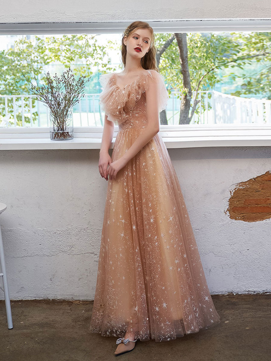 Elegant Off-Shoulder Tulle Lace Prom Dress with Built-In Bra, Champagne Silhouette