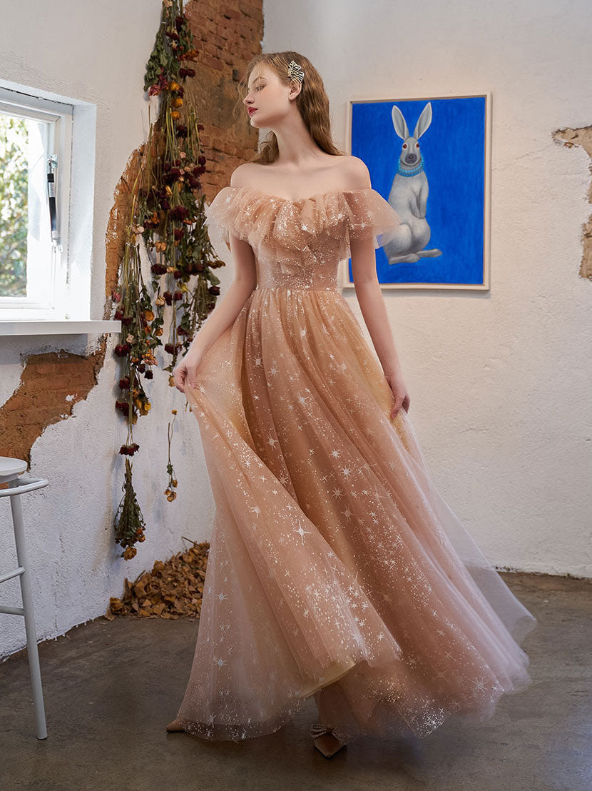 Elegant Off-Shoulder Tulle Lace Prom Dress with Built-In Bra, Champagne Silhouette