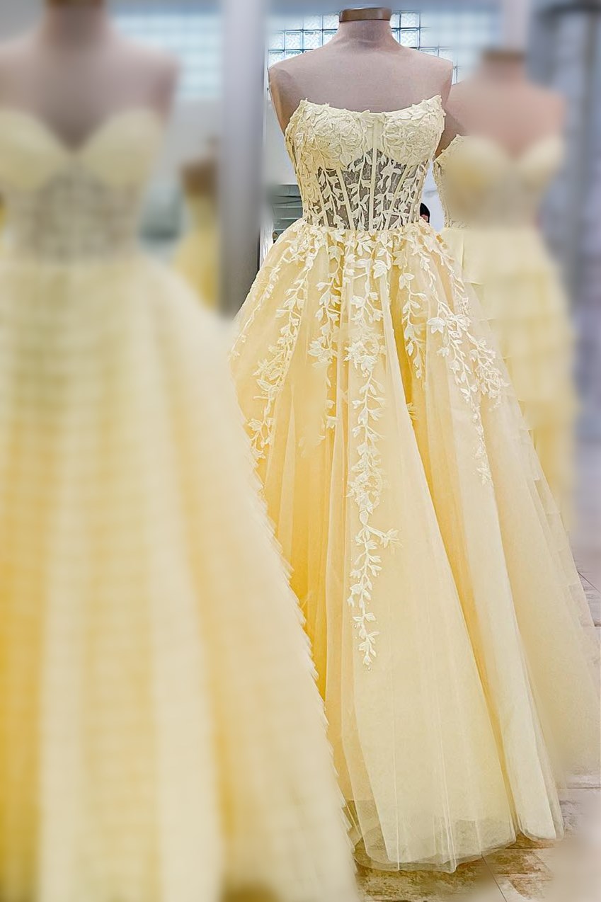 Aqua Blue Appliques Strapless A-Line Long Sheer Prom Dress Aqua Blue Appliques Strapless A-Line Long Sheer Prom Dress