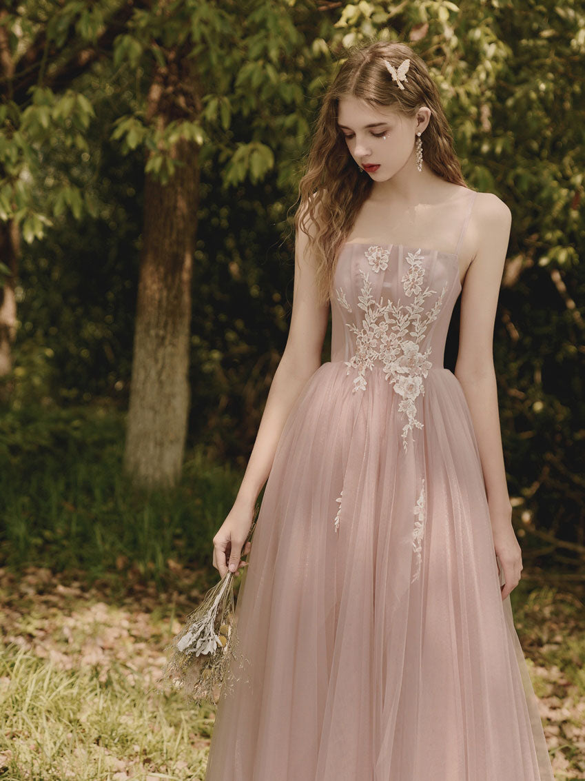 Elegant Pink Tulle Lace Tea‑Length Prom Dress with Delicate Sequin Details
