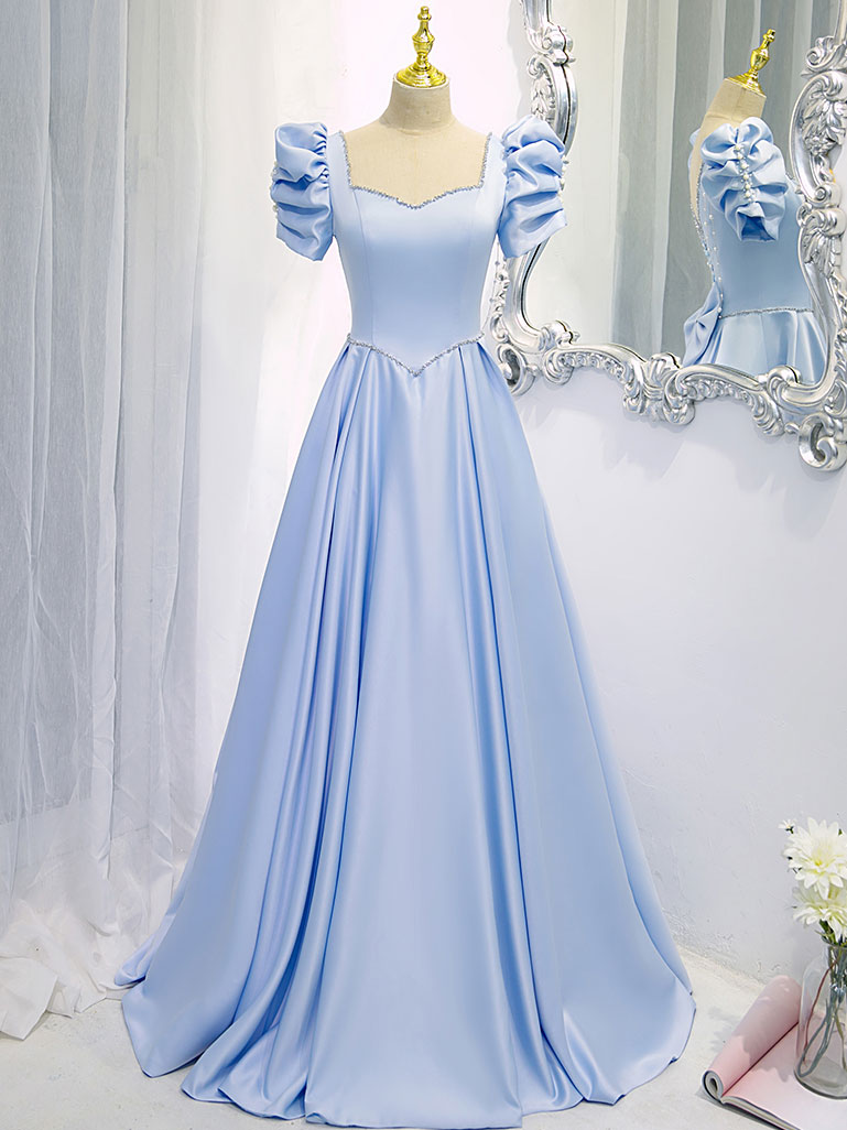 Elegant Glamorous Blue Satin Backless Long Prom Evening Dress
