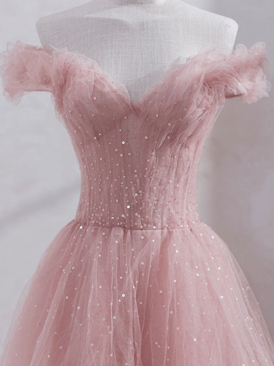 Elegant Pink Off Shoulder Tulle Prom Dress Tea Length Formal Gown Elegant Pink Off Shoulder Tulle Prom Dress Tea Length Formal Gown