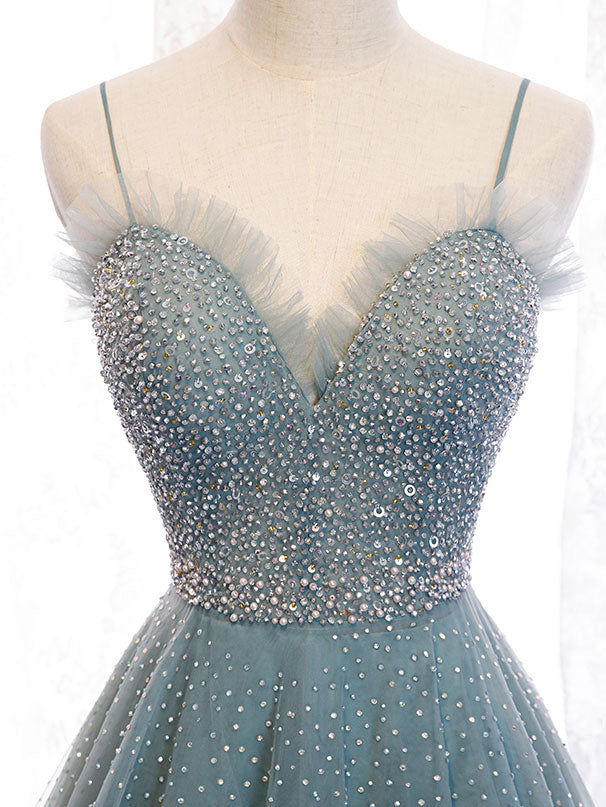 Elegant Green Sweetheart Neck Tulle Sequin Prom Dress
