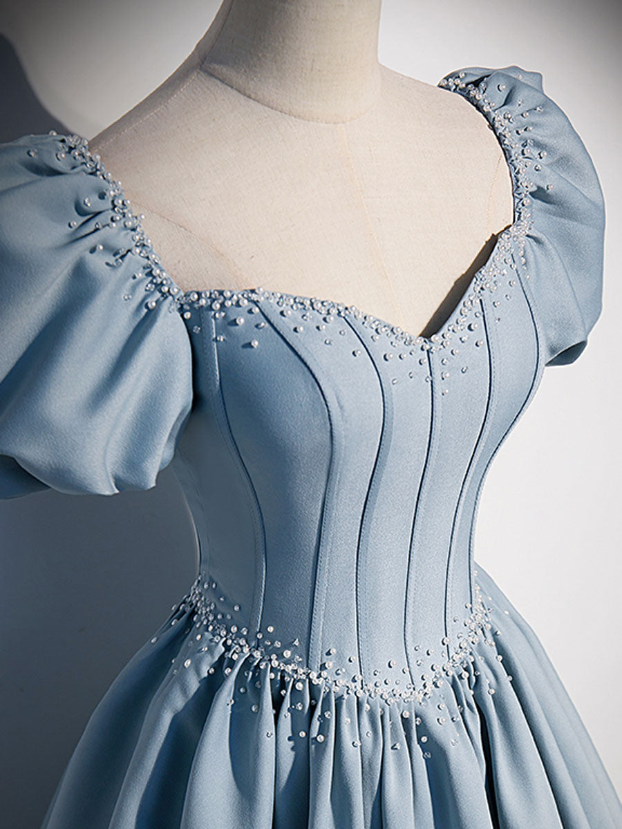 Light Blue Satin Long Prom Dress for Sweet 16 Occasions