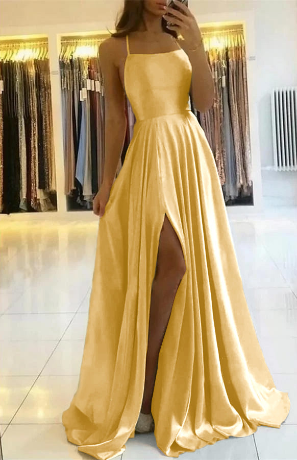 Elegant Spaghetti Straps Floor-Length Prom Dress with Side Slit for Women