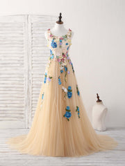 Elegant Champagne Tulle Lace Applique Long Prom Evening Dress for Women