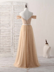 Elegant Champagne Off-Shoulder Lace Tulle Long Bridesmaid Dress for Special Occasions